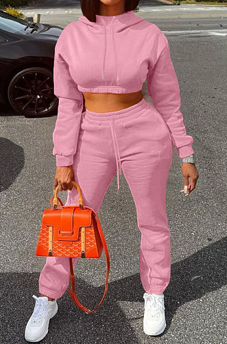 Pink Casusl Pure Color Velvet Hoodie Jogger Pants Suit LML279-1