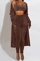 Chocolate Euramerican Solid Color Tanks Long Coat Velvet Tight Pants Three Pieces MDF5274-2