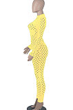 Yellow Eurameircan Sexy Long Sleeve Hollow Out High Waist Bodycon Jumpsuits FMM2053-1