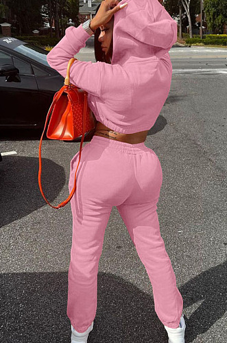 Pink Casusl Pure Color Velvet Hoodie Jogger Pants Suit LML279-1