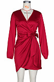 Wine Red Night Club Long Sleeve V Neck Collect Waist Plain Dress ZS0429-2