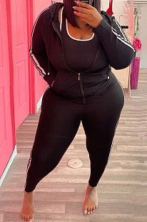 Black Casual Fat Women's Long Sleeve Zipper Hoodie Cardigan Jogger Pants Suit YM226-3