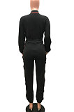 Black Women's Fashion Casual Pure Color Pocket Buttons Drawsting Collect waist Bodycon Jumpsuits MR2130-1