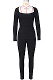 Cream Fashion Ribber New Long Sleeve Square Neck Split  Tops Bodycon Pants Plain Suit ZS0433-4
