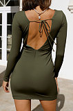 Army Green Round Collar Long Sleeve Irregular Solid Color Backless Tied Sexy Mini Dress FMM2103-3