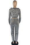 Grey Fashion Casual Letter Printed Crop Hoodie Jogger Pants Plain Suit YC8058-1