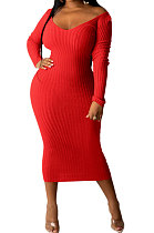 Red Women's Sexy Deep V Collar Off Shoulder Cotton Ribber Casual Bodycon Midi Dress FMM2094-1