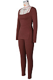 Pink Fashion Ribber New Long Sleeve Square Neck Split  Tops Bodycon Pants Plain Suit ZS0433-5