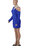 Black Autumn Trendy Oblique Shoulder Turn-Down Collar Long Sleeve Sexy Hip Mini Dress FMM2099-4