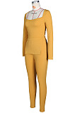 Yellow Fashion Ribber New Long Sleeve Square Neck Split  Tops Bodycon Pants Plain Suit ZS0433-1 