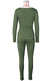 Army Green Fashion Ribber New Long Sleeve Square Neck Split  Tops Bodycon Pants Plain Suit ZS0433-3