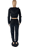 Black Fashion Casual Letter Printed Crop Hoodie Jogger Pants Plain Suit YC8058-2