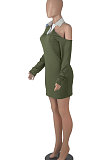 Army Green Autumn Trendy Oblique Shoulder Turn-Down Collar Long Sleeve Sexy Hip Mini Dress FMM2099-6