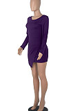 Purple Round Collar Long Sleeve Irregular Solid Color Backless Tied Sexy Mini Dress FMM2103-1