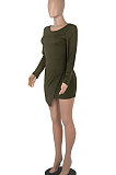 Army Green Round Collar Long Sleeve Irregular Solid Color Backless Tied Sexy Mini Dress FMM2103-3
