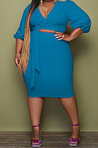 Blue Euramerican Fat Women's Long Sleeve V Neck Bandage Tops Hip Skirts Plaid Suit YMM9092-3