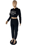Grey Fashion Casual Letter Printed Crop Hoodie Jogger Pants Plain Suit YC8058-1