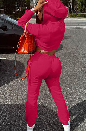 Rose Red Casusl Pure Color Velvet Hoodie Jogger Pants Suit LML279-2