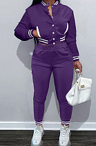Purple Casual Single-Breasted Long Sleeve Jacket Pencil Pants Baseball Uniform Sets YM224-1