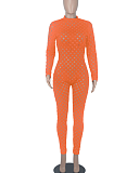 Orange Eurameircan Sexy Long Sleeve Hollow Out High Waist Bodycon Jumpsuits FMM2053-8