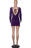Purple Round Collar Long Sleeve Irregular Solid Color Backless Tied Sexy Mini Dress FMM2103-1