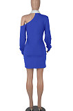 Blue Autumn Trendy Oblique Shoulder Turn-Down Collar Long Sleeve Sexy Hip Mini Dress FMM2099-5