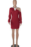Wine Red Autumn Trendy Oblique Shoulder Turn-Down Collar Long Sleeve Sexy Hip Mini Dress FMM2099-2