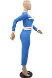 Blue Luxe Elegant Long Sleeve Single-Breasted Tops Hip Skirts Fashion Suit YMM9091-3