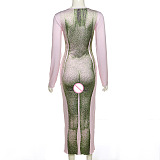 Pink Autumn Winter Fashion Human Body Printing Round Collar Long Sleeve Bodycon Long Dress DLS08255-1