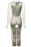 Green Women's Sexy Sleeveless Human Body Printing Round Collar Bodycon Long Dress DLS03436-2