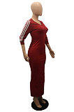 Black Casual Stripe Half Sleeve V Neck Slim Fitting Split Plaid Dress WP6112-1