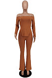 Orange Fashion Ribber Off Shoulder Split Tops Flare Pants Slim Fitting Two-Piece ZDD31175-2