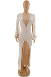  Light Khaki Sexy Elegant V Mesh Spliced Slim Fitting High Split For Party Maxi Dress WP6118-1