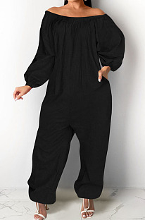 Black Simple New Off Shoulder Long Sleeve Loose Fat Women's Plaid Wide Leg Jumpsuits WP6055-1