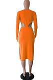 Orange Sexy Women's Knitting Ribber Long Sleeve Waist Hollow Out Zipper Split Dress WP6109-1