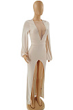  Light Khaki Sexy Elegant V Mesh Spliced Slim Fitting High Split For Party Maxi Dress WP6118-1