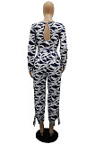 Black White Fashion Design Printed Long Sleeve Collect Waist Wide Leg Jumpsuits WP6110