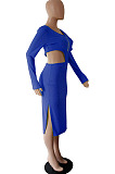 Blue Sexy Women's Knitting Ribber Long Sleeve Waist Hollow Out Zipper Split Dress WP6109-3