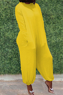 Yellow Casual Pure Color Long Sleeve O Neck Back Zipper Jumpsuits ZDD31173-1