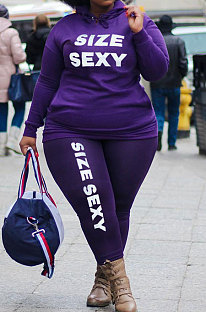 Purple New Fat Women's Letter Printed Long Sleeve Hoodie Jogger Pants Casual Suit ZQ8135-1