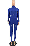 Peacock Blue Simple New High Collar Back Zipper Casual Bodycon Jumpsuits ZQ8128-1