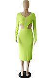 Neon Green Sexy Women's Knitting Ribber Long Sleeve Waist Hollow Out Zipper Split Dress WP6109-2