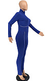 Peacock Blue Simple New High Collar Back Zipper Casual Bodycon Jumpsuits ZQ8128-1