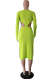 Neon Green Sexy Women's Knitting Ribber Long Sleeve Waist Hollow Out Zipper Split Dress WP6109-2
