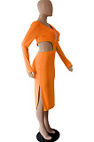 Orange Sexy Women's Knitting Ribber Long Sleeve Waist Hollow Out Zipper Split Dress WP6109-1
