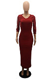 Dark Red Casual Stripe Half Sleeve V Neck Slim Fitting Split Plaid Dress WP6112-2