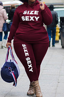 Wine Red New Fat Women's Letter Printed Long Sleeve Hoodie Jogger Pants Casual Suit ZQ8135-3