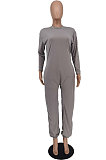 Grey Casual Pure Color Long Sleeve O Neck Back Zipper Jumpsuits ZDD31173-2