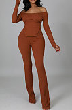 Apricot Fashion Ribber Off Shoulder Split Tops Flare Pants Slim Fitting Two-Piece ZDD31175-3
