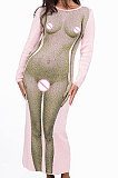 White Autumn Winter Fashion Human Body Printing Round Collar Long Sleeve Bodycon Long Dress DLS08255-2
